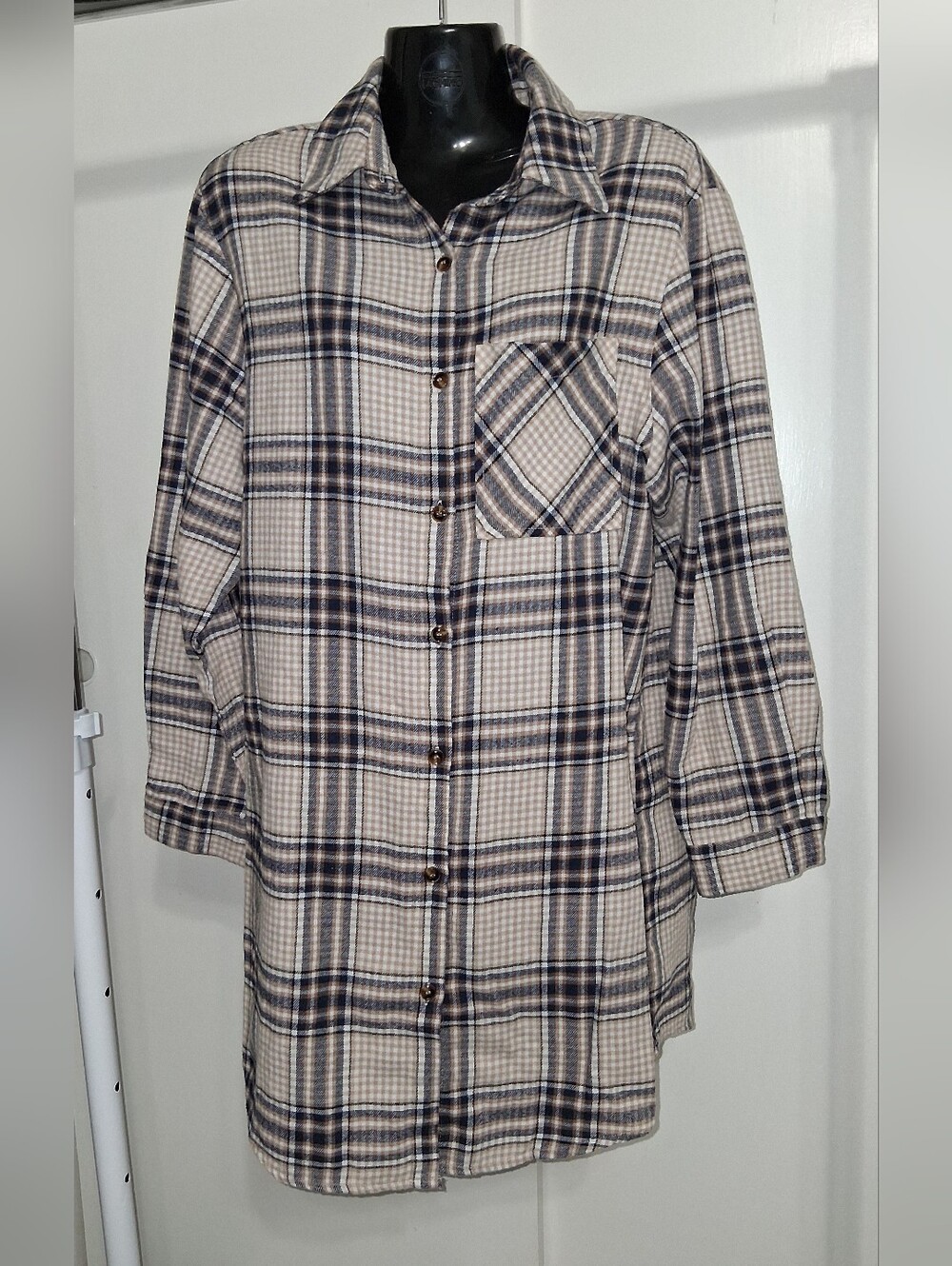 Know. One. Cares Plaid  Button-Up Flannels Shacket in Beige and Navy Size Medium